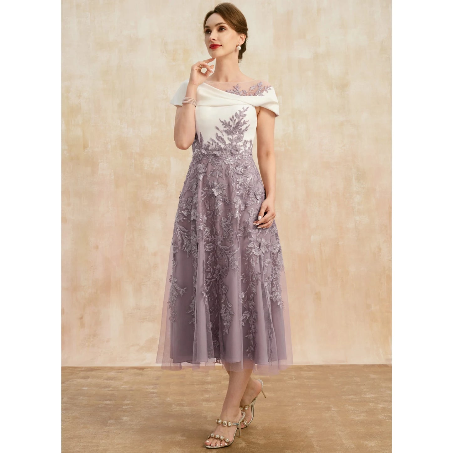 Sophisticated A-Line Off-Shoulder Embroidered Chic Lavender Midi Mother of the Bride Dress
