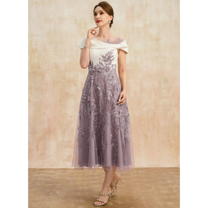 Sophisticated A-Line Off-Shoulder Embroidered Chic Lavender Midi Mother of the Bride Dress