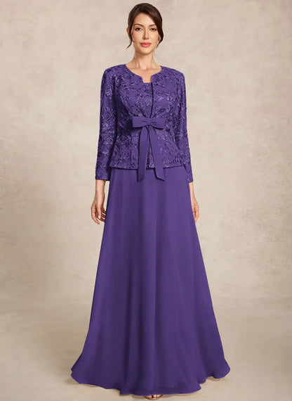 Sophisticated A-Line Round Neck Long Sleeve Lace Plum Mother of the Bride Gown