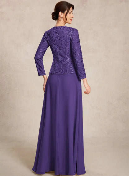 Sophisticated A-Line Round Neck Long Sleeve Lace Plum Mother of the Bride Gown