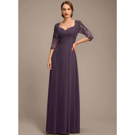 Sophisticated A-Line Sweetheart Three-Quarter Sleeve Beaded Plum Floor-Length Mother of the Bride Gown