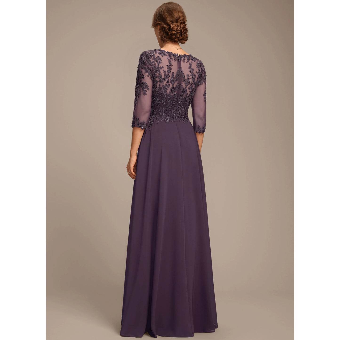 Sophisticated A-Line Sweetheart Three-Quarter Sleeve Beaded Plum Floor-Length Mother of the Bride Gown