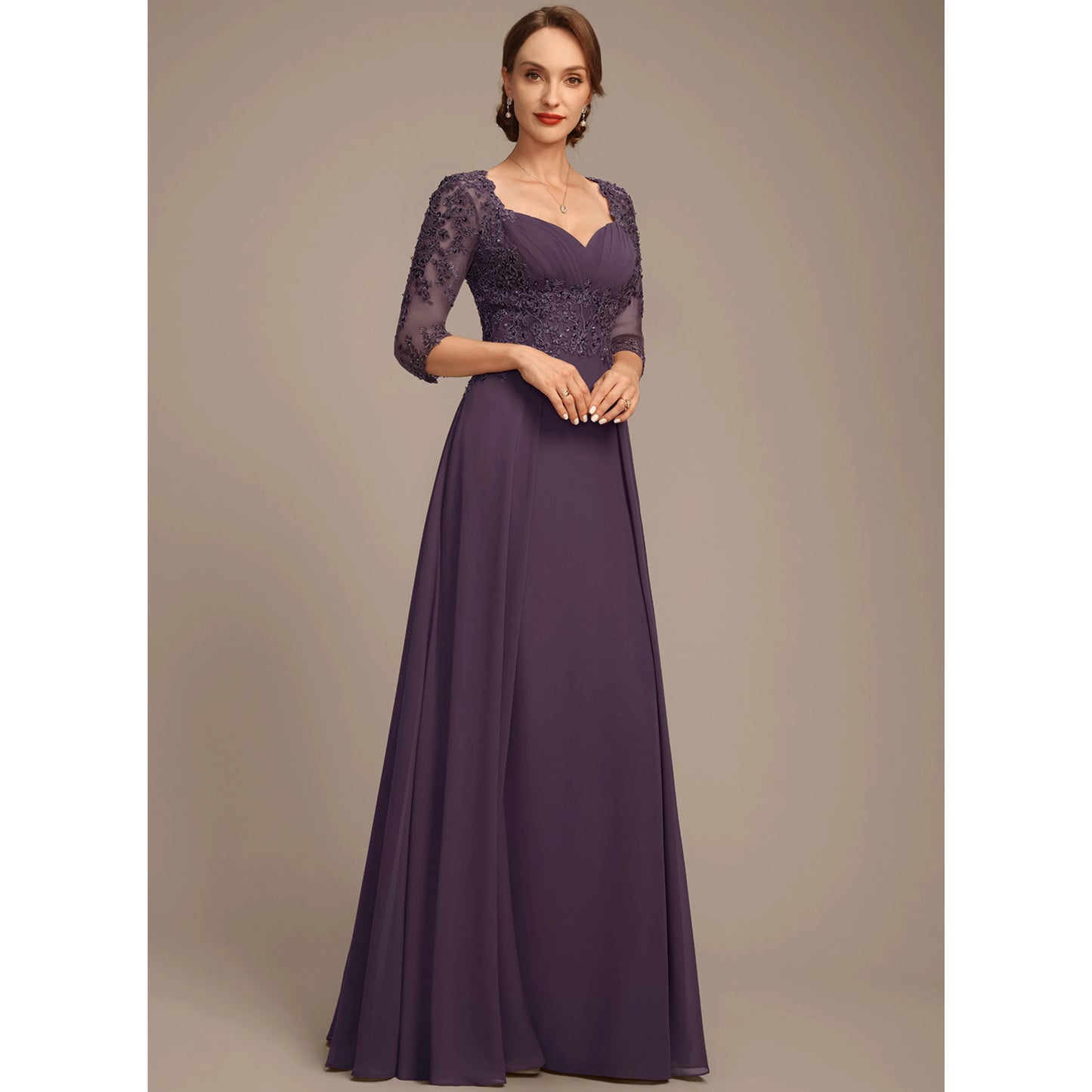 Sophisticated A-Line Sweetheart Three-Quarter Sleeve Beaded Plum Floor-Length Mother of the Bride Gown