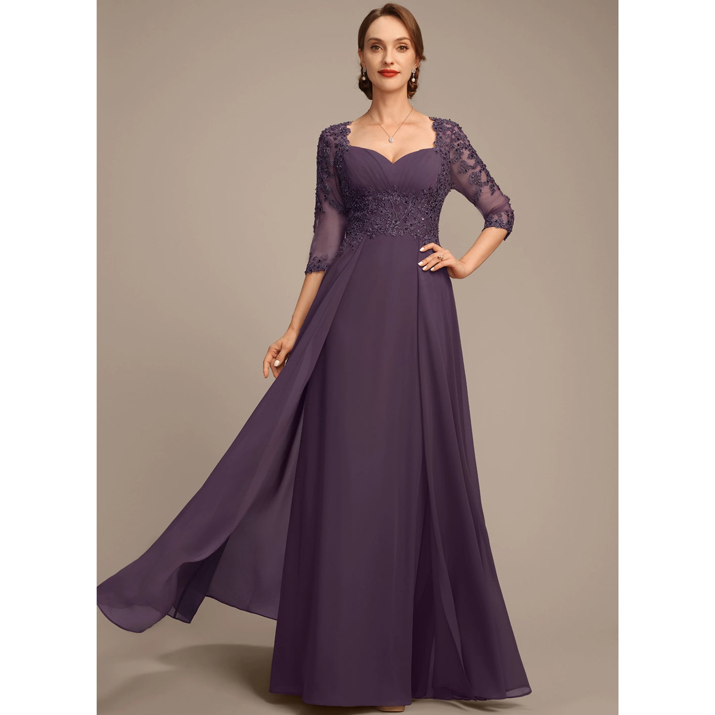 Sophisticated A-Line Sweetheart Three-Quarter Sleeve Beaded Plum Floor-Length Mother of the Bride Gown