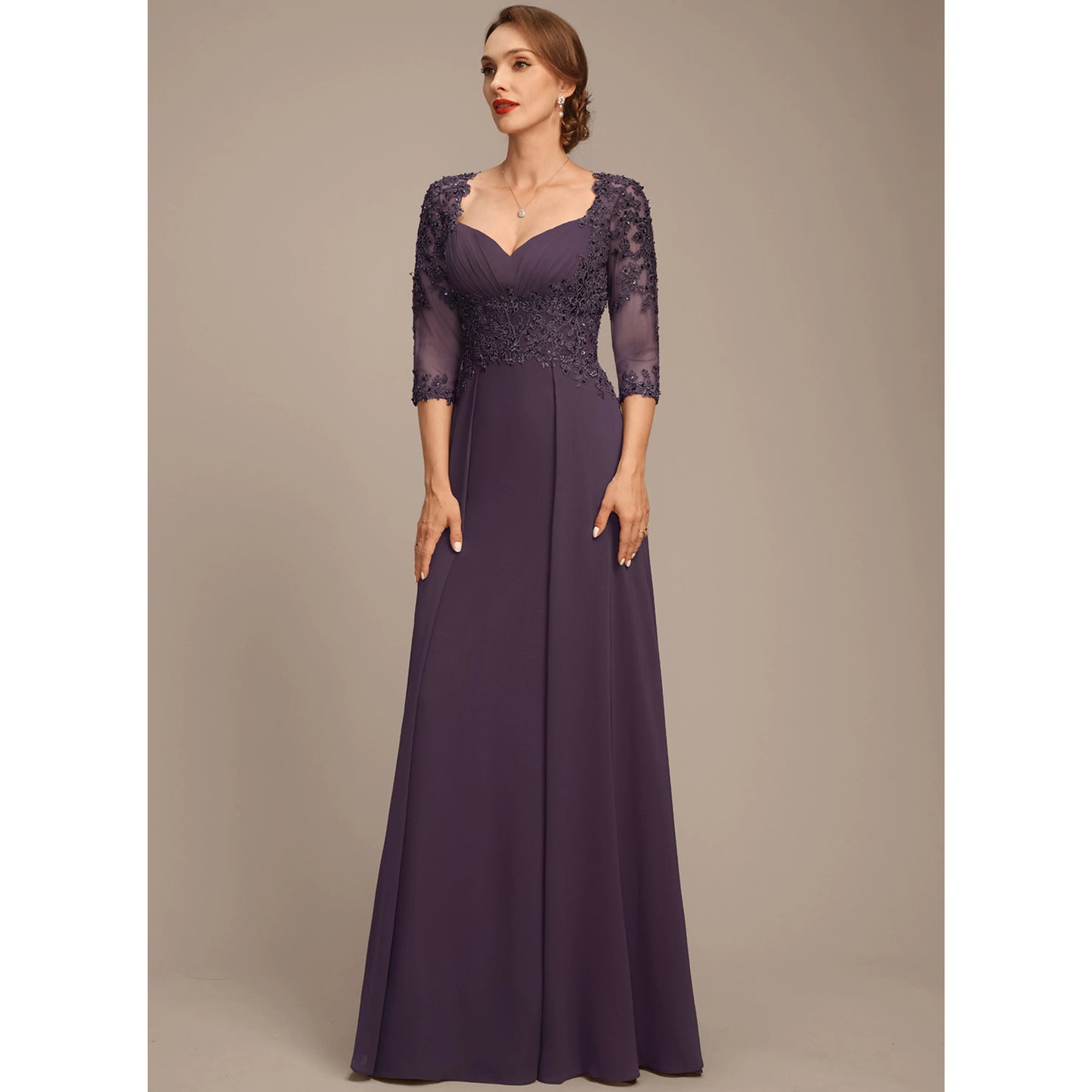Sophisticated A-Line Sweetheart Three-Quarter Sleeve Beaded Plum Floor-Length Mother of the Bride Gown