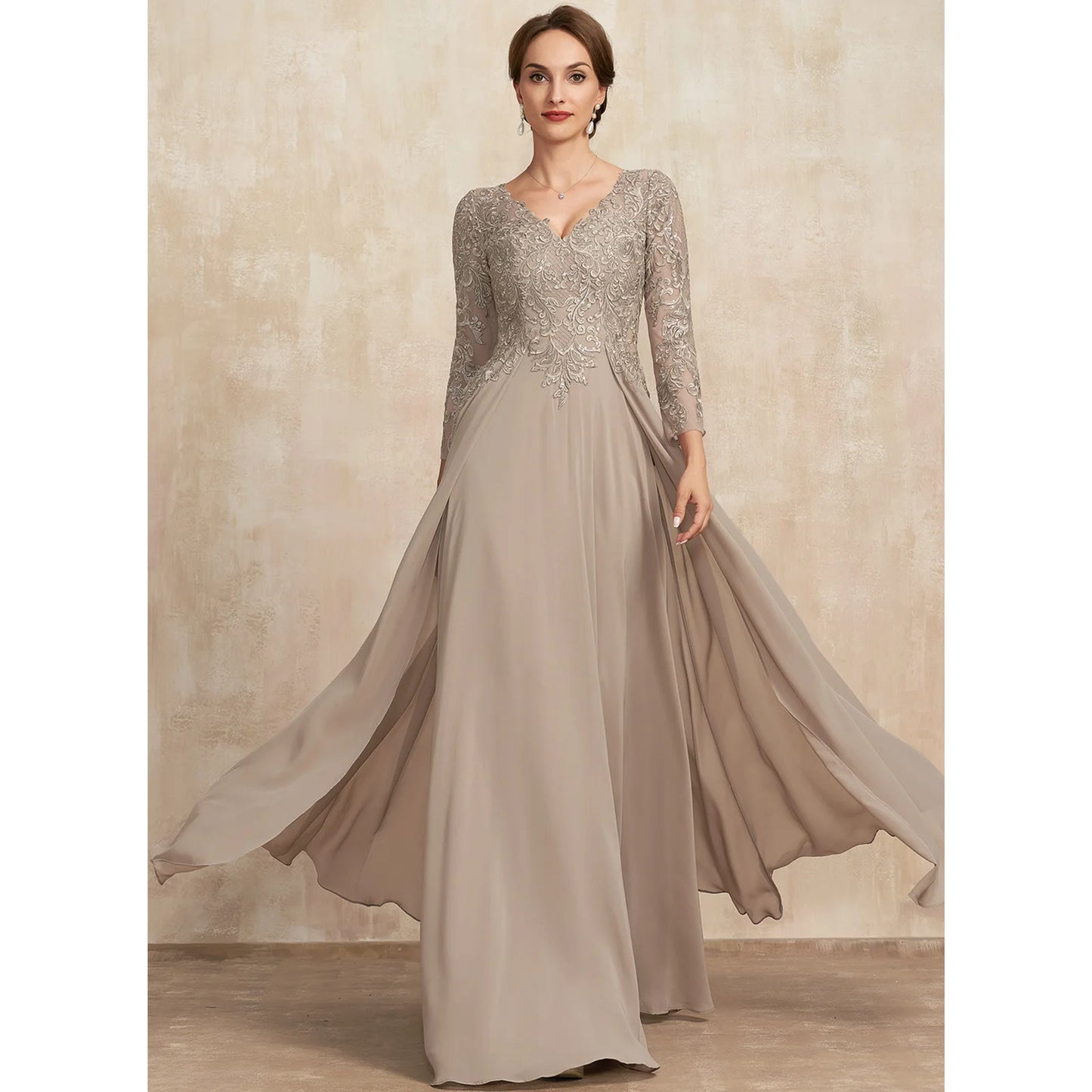 Sophisticated A-Line V-Neck Long Sleeve Embroidered Dusty Taupe Mother of the Bride Gown