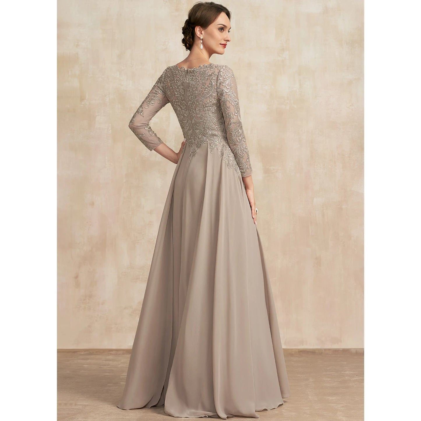 Sophisticated A-Line V-Neck Long Sleeve Embroidered Dusty Taupe Mother of the Bride Gown
