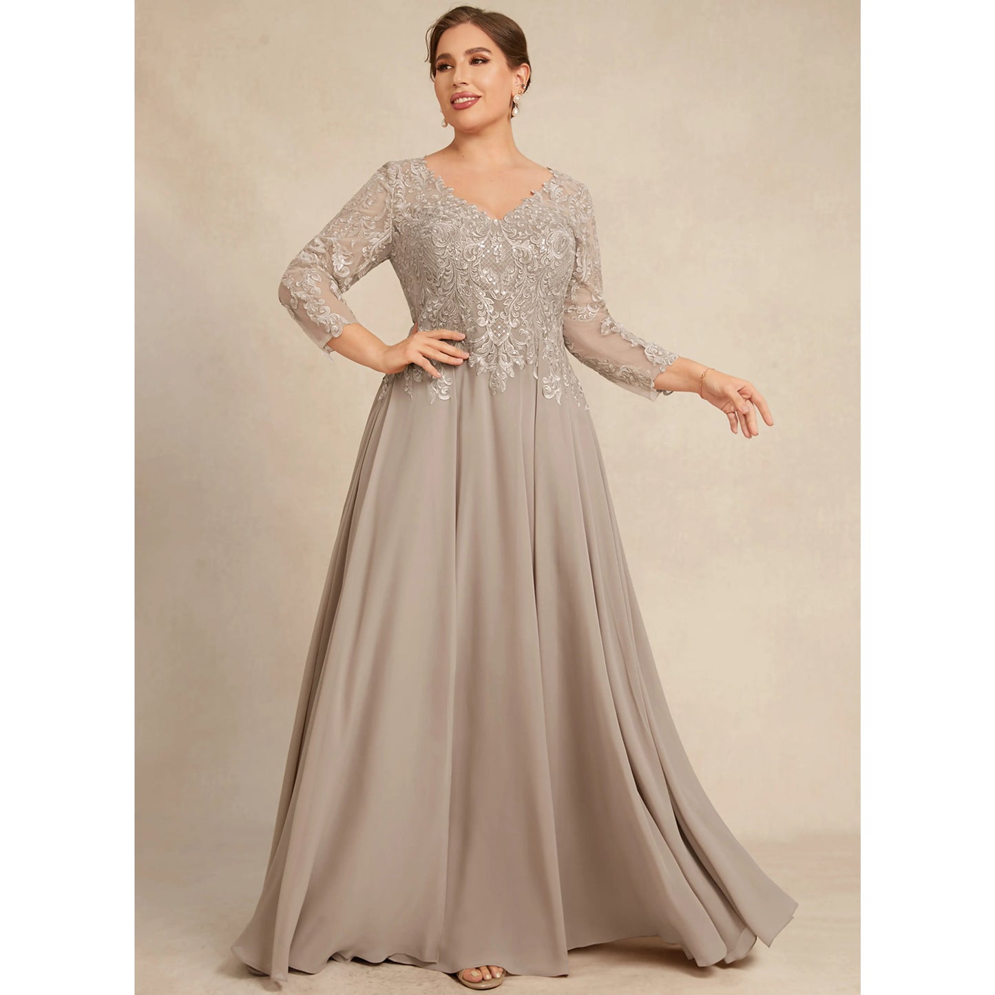 Sophisticated A-Line V-Neck Long Sleeve Embroidered Dusty Taupe Mother of the Bride Gown