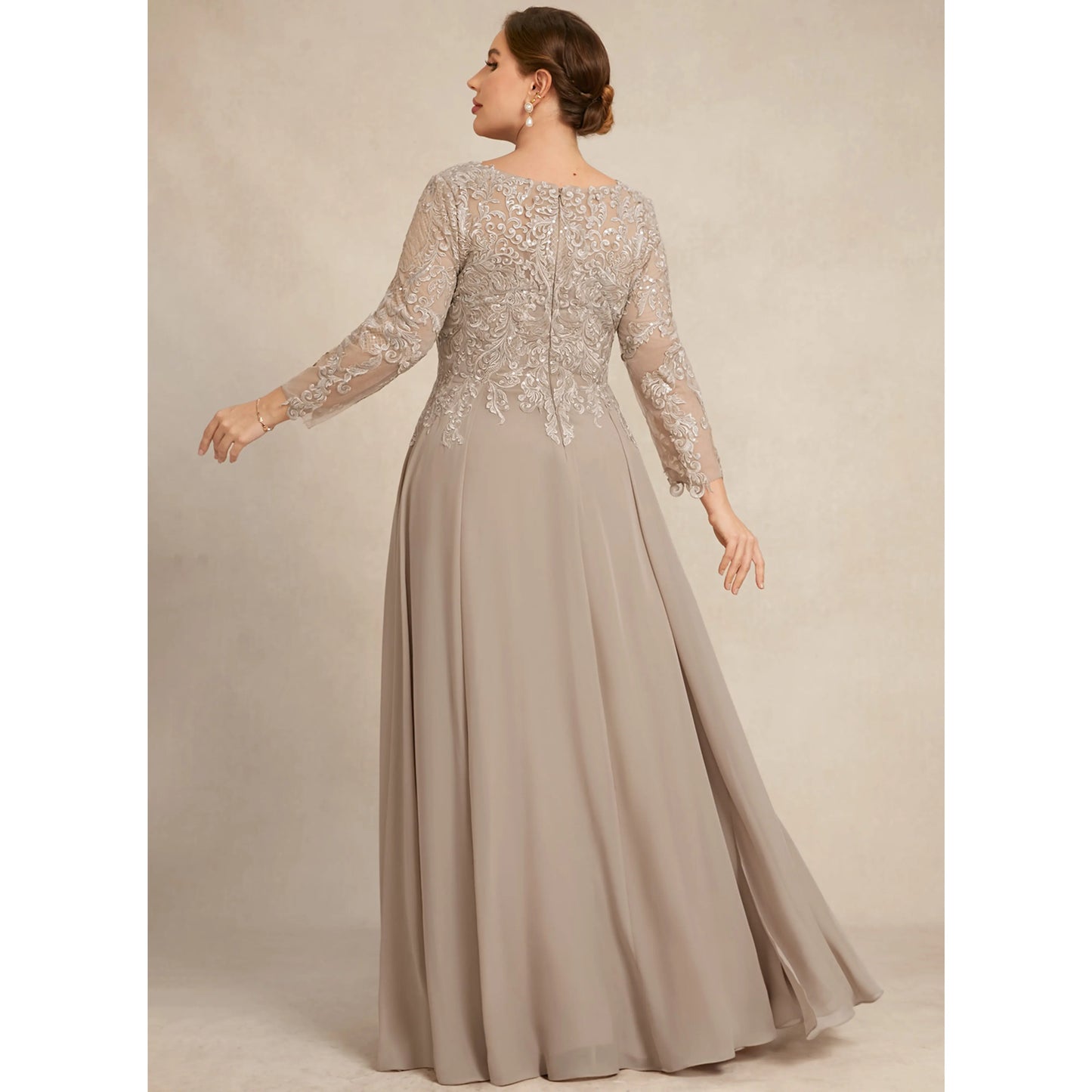 Sophisticated A-Line V-Neck Long Sleeve Embroidered Dusty Taupe Mother of the Bride Gown