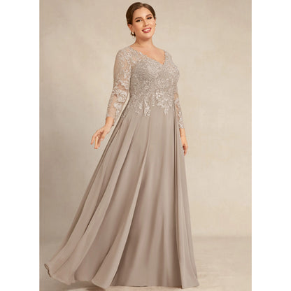 Sophisticated A-Line V-Neck Long Sleeve Embroidered Dusty Taupe Mother of the Bride Gown
