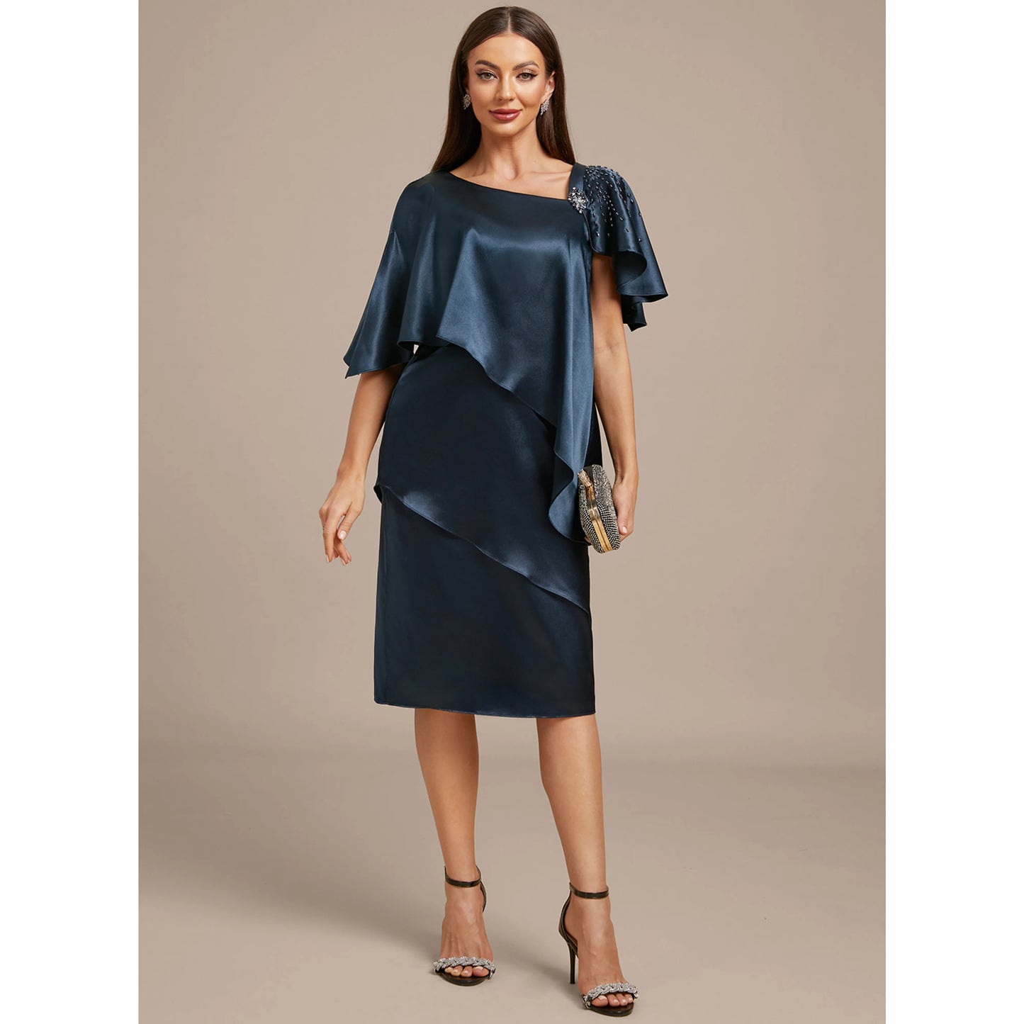 Sophisticated Sheath Asymmetrical Short Sleeve Beaded Draped Navy Blue Midi Mother of the Bride Dress