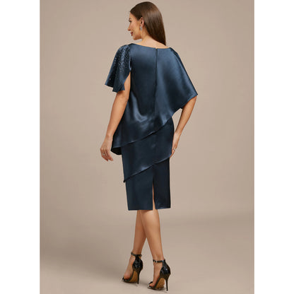 Sophisticated Sheath Asymmetrical Short Sleeve Beaded Draped Navy Blue Midi Mother of the Bride Dress