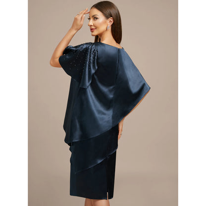 Sophisticated Sheath Asymmetrical Short Sleeve Beaded Draped Navy Blue Midi Mother of the Bride Dress