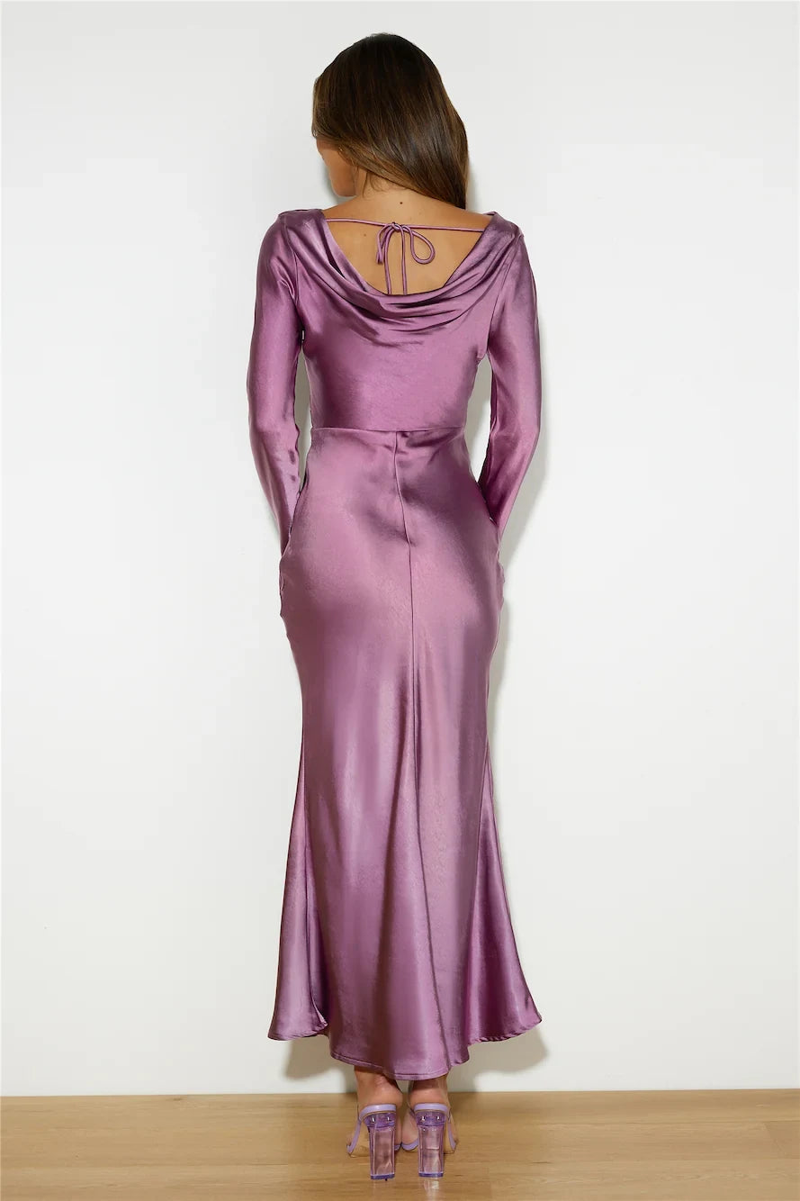 Sophisticated Sheath Boat Neck Long Sleeve Draped Dusty Lavender Midi Prom Dress