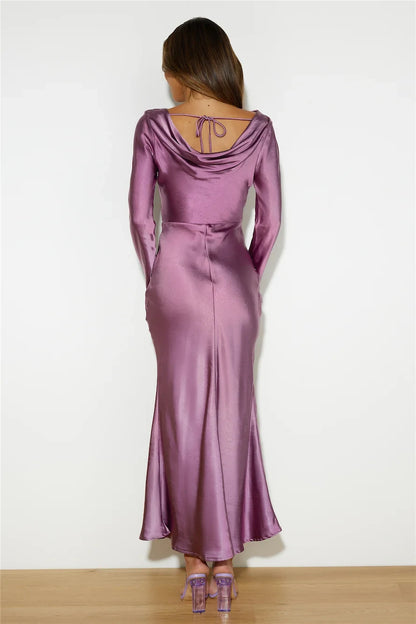 Sophisticated Sheath Boat Neck Long Sleeve Draped Dusty Lavender Midi Prom Dress