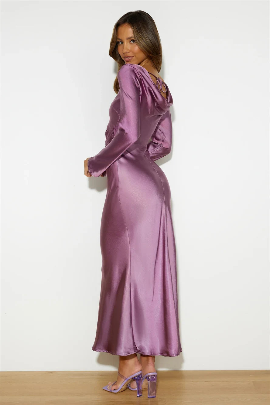 Sophisticated Sheath Boat Neck Long Sleeve Draped Dusty Lavender Midi Prom Dress