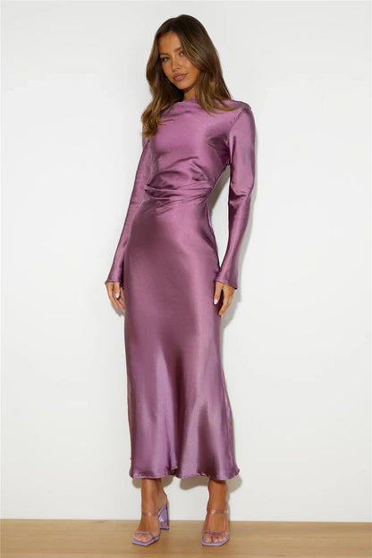 Sophisticated Sheath Boat Neck Long Sleeve Draped Dusty Lavender Midi Prom Dress