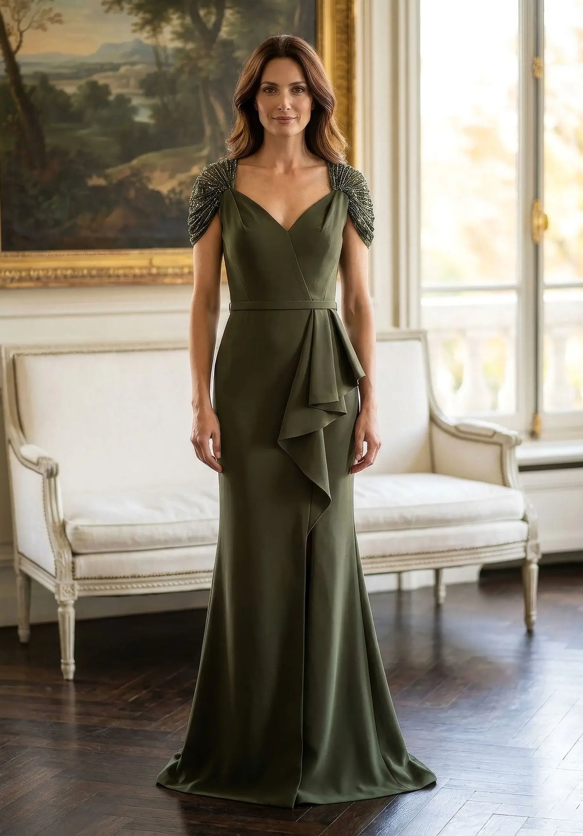 Sophisticated Sheath Sweetheart Beaded Cap-Sleeve Olive Green Floor-Length Mother of the Bride Gown