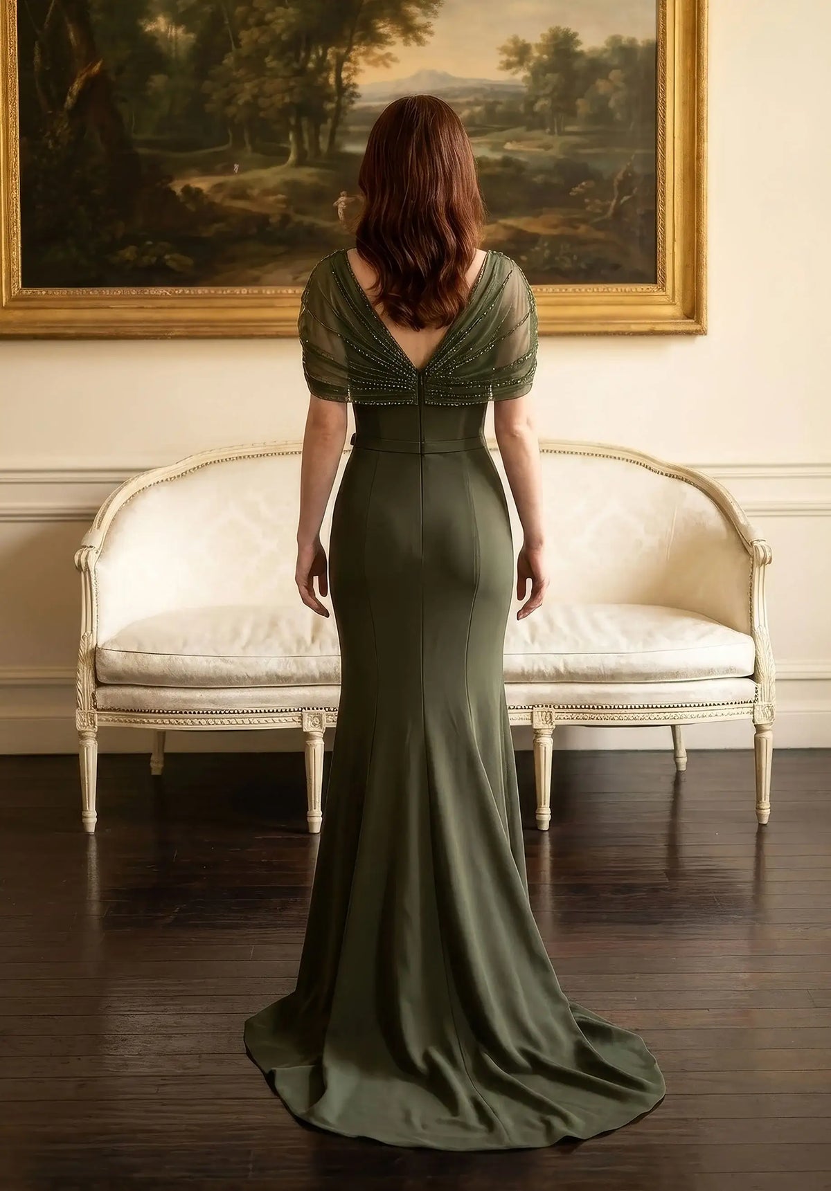 Sophisticated Sheath Sweetheart Beaded Cap-Sleeve Olive Green Floor-Length Mother of the Bride Gown