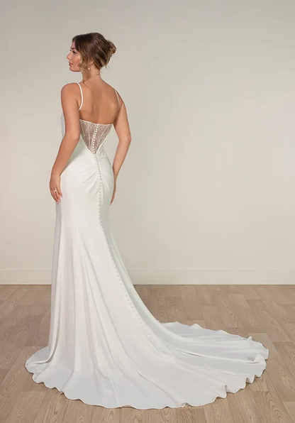 Spaghetti Strap Cowl Neck Satin Mermaid Wedding Dress Lace Draped Back High Slit Bridal Gown