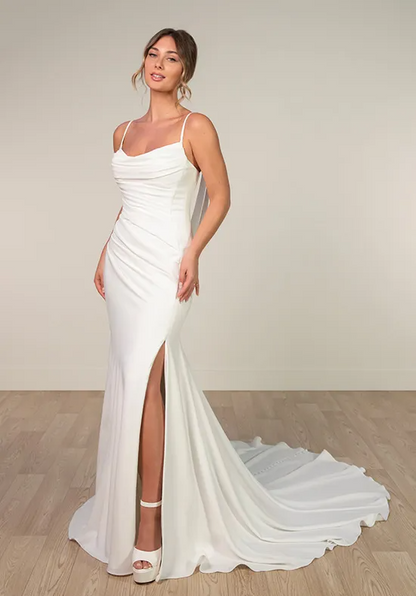 Spaghetti Strap Cowl Neck Satin Mermaid Wedding Dress Lace Draped Back High Slit Bridal Gown