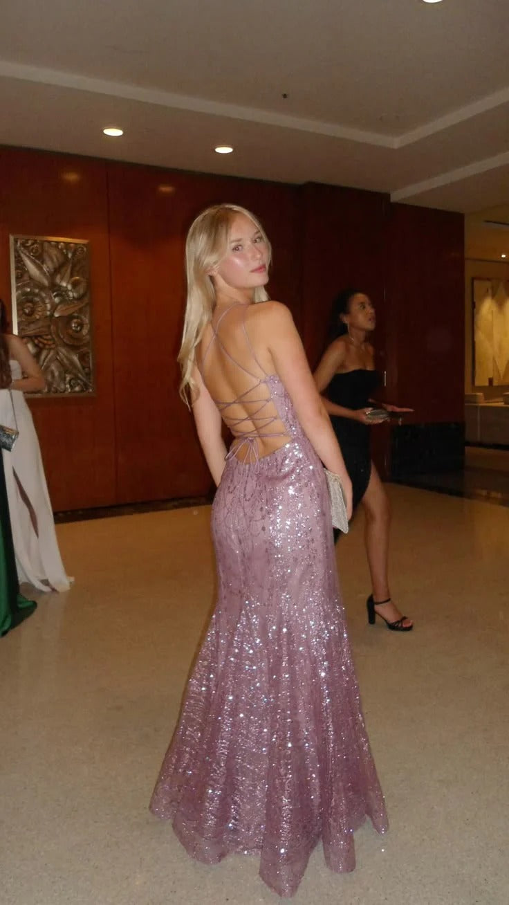 Spaghetti Strap Deep V Neck Glitter Sequin Lace Up Back Mermaid Prom Dresses