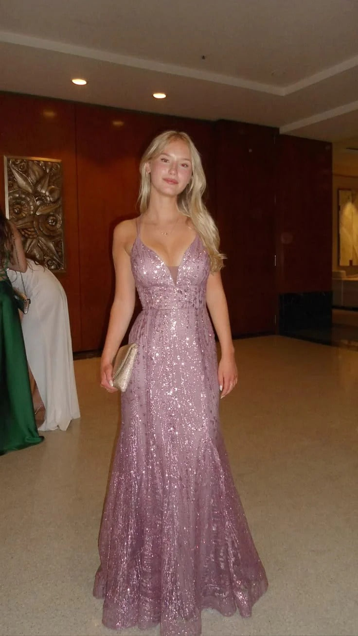 Spaghetti Strap Deep V Neck Glitter Sequin Lace Up Back Mermaid Prom Dresses