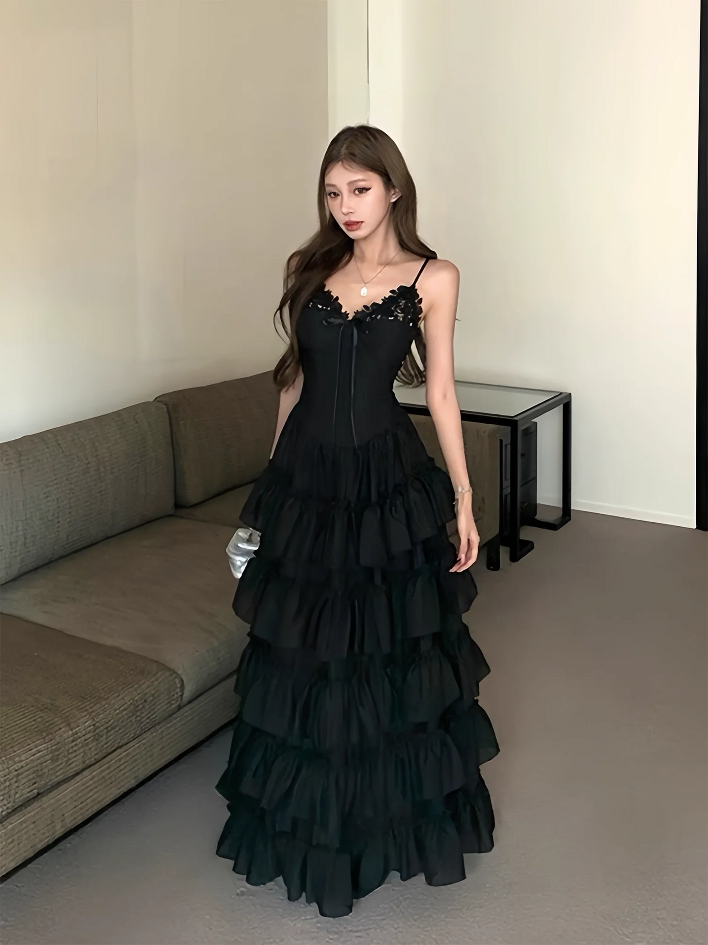 Spaghetti Strap Lace Trim Tiered Ruffle Prom Dress with Corset Bodice