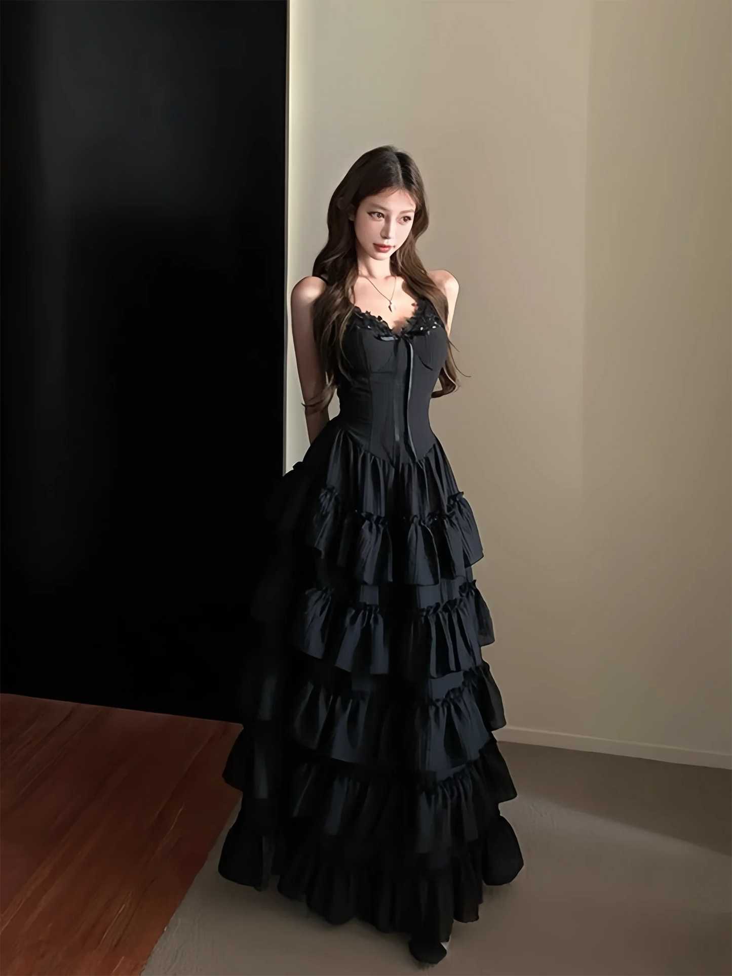Spaghetti Strap Lace Trim Tiered Ruffle Prom Dress with Corset Bodice