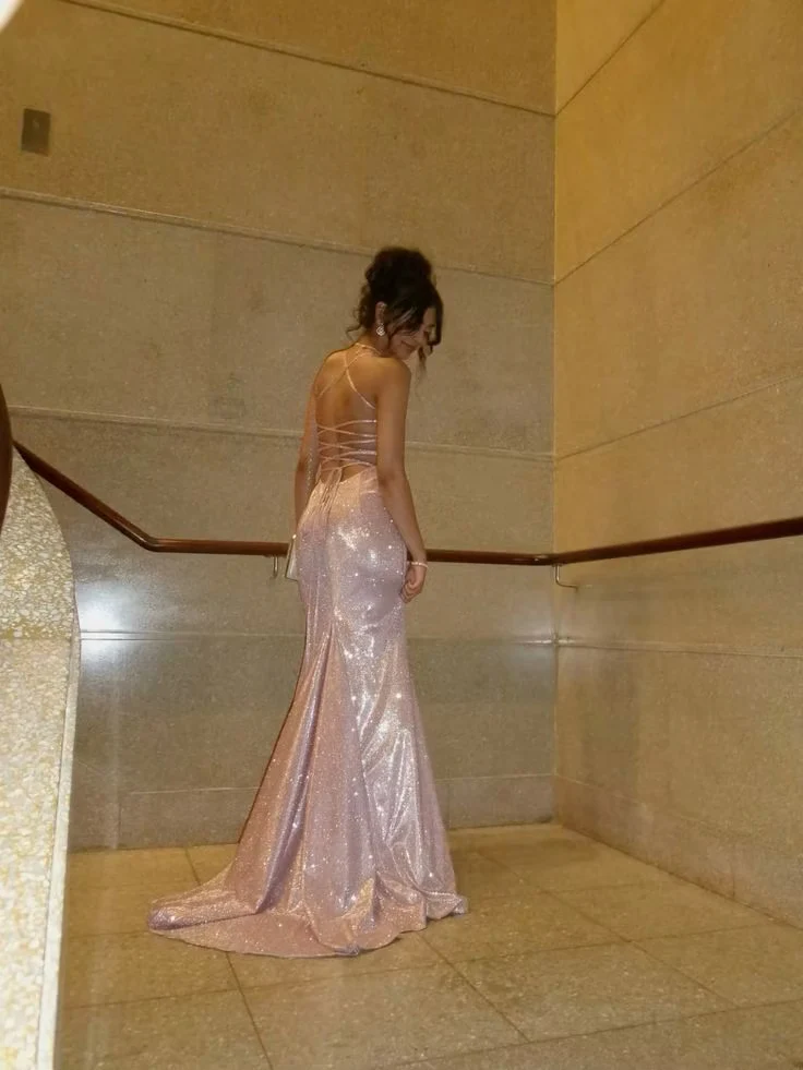 Spaghetti Strap Ruched Glitter Sequin Lace-Up Back Mermaid Train Prom Dresses (Blush Pink)