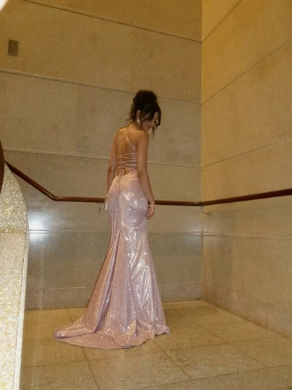 Spaghetti Strap Ruched Glitter Sequin Lace-Up Back Mermaid Train Prom Dresses (Blush Pink)