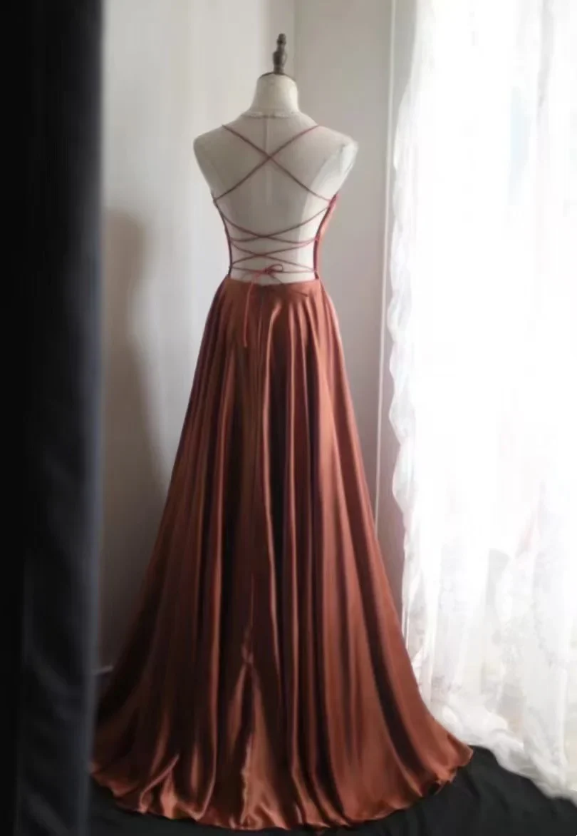 Spaghetti Strap Satin A-Line Prom Dress with Crisscross Lace-Up Back and Train