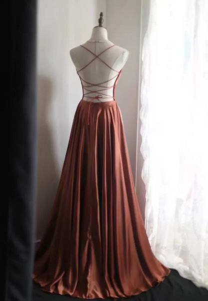 Spaghetti Strap Satin A-Line Prom Dress with Crisscross Lace-Up Back and Train