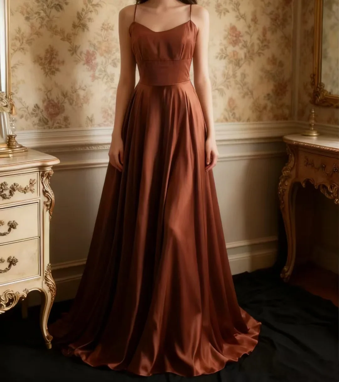 Spaghetti Strap Satin A-Line Prom Dress with Crisscross Lace-Up Back and Train