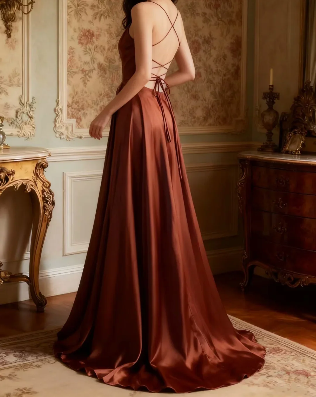 Spaghetti Strap Satin A-Line Prom Dress with Crisscross Lace-Up Back and Train