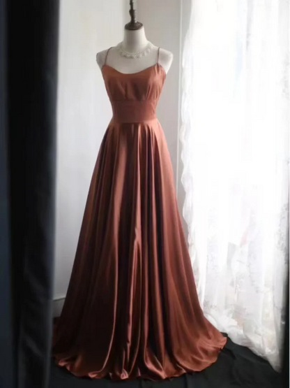 Spaghetti Strap Satin A-Line Prom Dress with Crisscross Lace-Up Back and Train