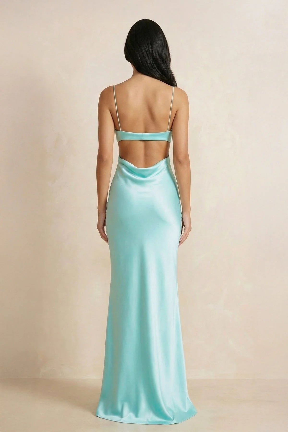Spaghetti Strap Square Neck Cut Out Open Back Mermaid Floor Length Satin Formal Evening Gown Prom Dress