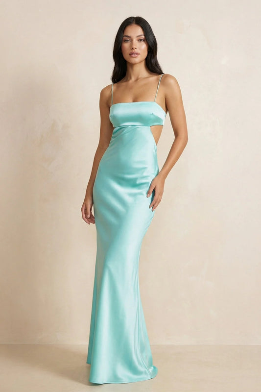 Spaghetti Strap Square Neck Cut Out Open Back Mermaid Floor Length Satin Formal Evening Gown Prom Dress