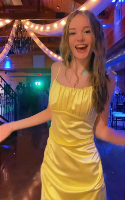 Spaghetti Strap Square Neck Ruched Waist Satin Mermaid Maxi Prom Dresses (Sunshine Yellow)