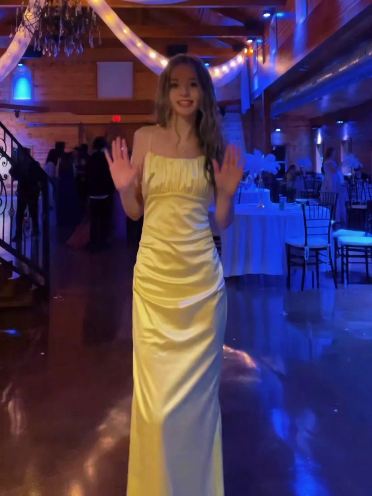 Spaghetti Strap Square Neck Ruched Waist Satin Mermaid Maxi Prom Dresses (Sunshine Yellow)