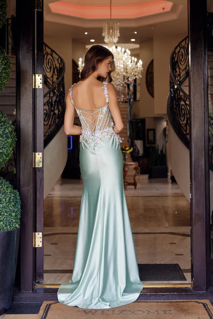 Spaghetti Strap Sweetheart 3D Floral Appliqué Lace Up Back High Slit Sage Green Satin Mermaid Chapel Train Prom Dresses