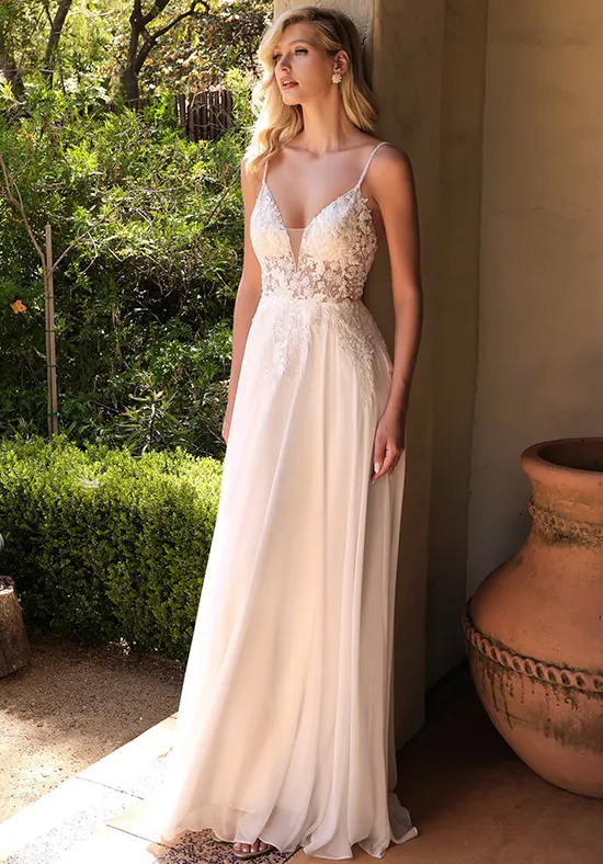 Spaghetti Strap V Neck Lace Chiffon A Line Wedding Dress