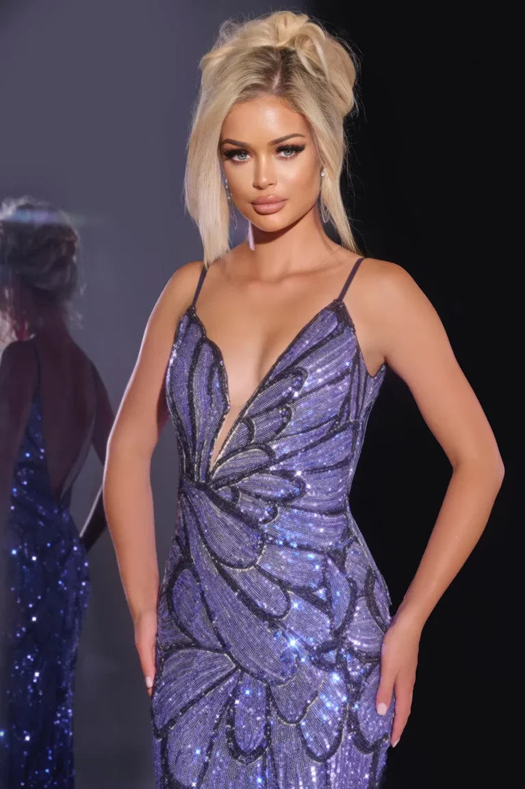 Spaghetti Strap V Neck Low Back Iridescent Purple Sequin Leaf Pattern Mermaid Chapel Train Prom Dresses