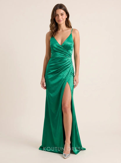 Spaghetti Strap V Neck Wrap Front Ruched Waist High Slit Floor Length Satin Mermaid Prom Dress