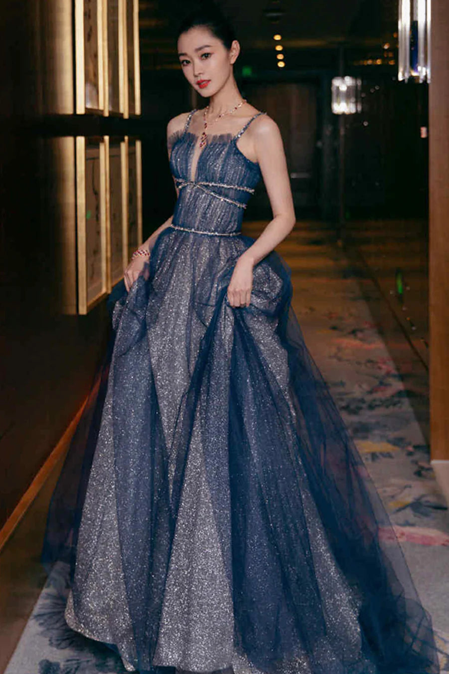Spaghetti Straps Beaded Glitter Tulle A-Line Prom Dresses (Navy Blue)