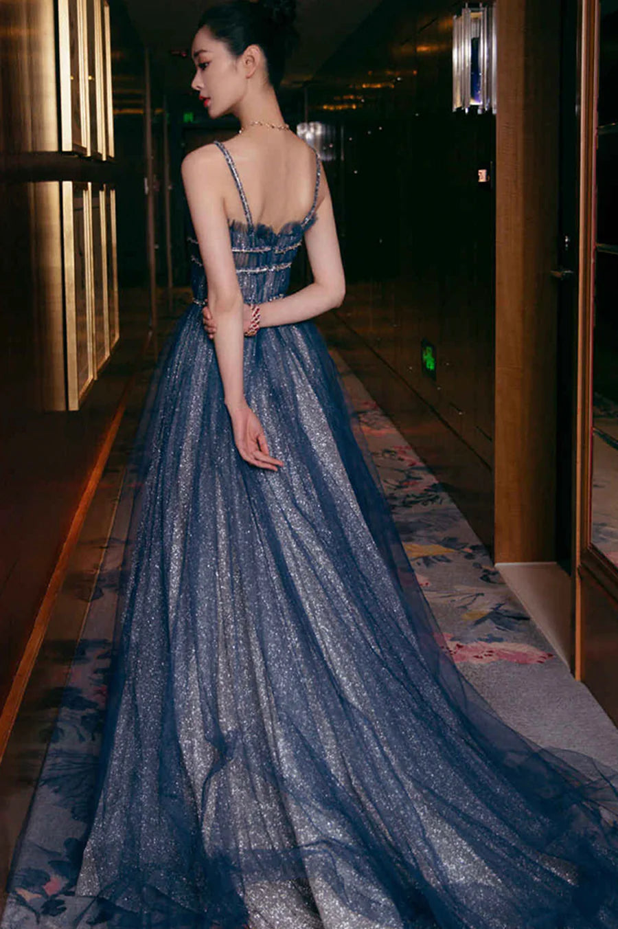 Spaghetti Straps Beaded Glitter Tulle A-Line Prom Dresses (Navy Blue)
