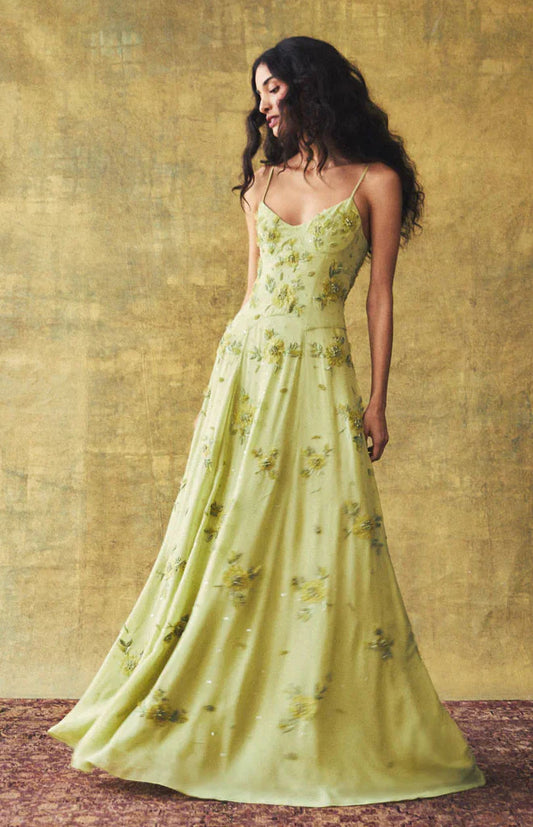 Spaghetti Straps Floral Beaded Chiffon A-Line Prom Dresses (Sage Green)