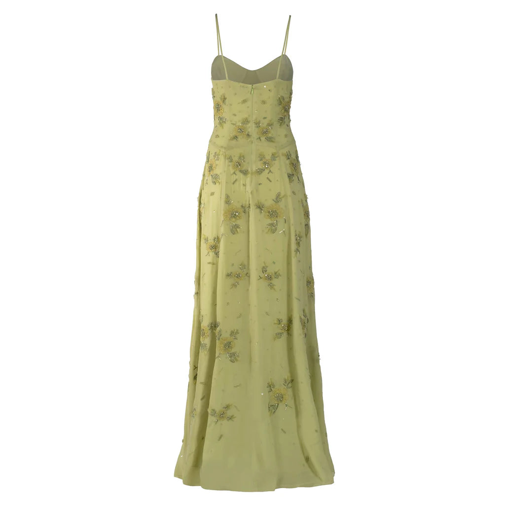 Spaghetti Straps Floral Beaded Chiffon A-Line Prom Dresses (Sage Green)