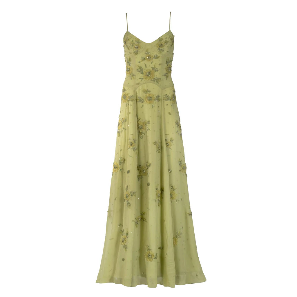 Spaghetti Straps Floral Beaded Chiffon A-Line Prom Dresses (Sage Green)