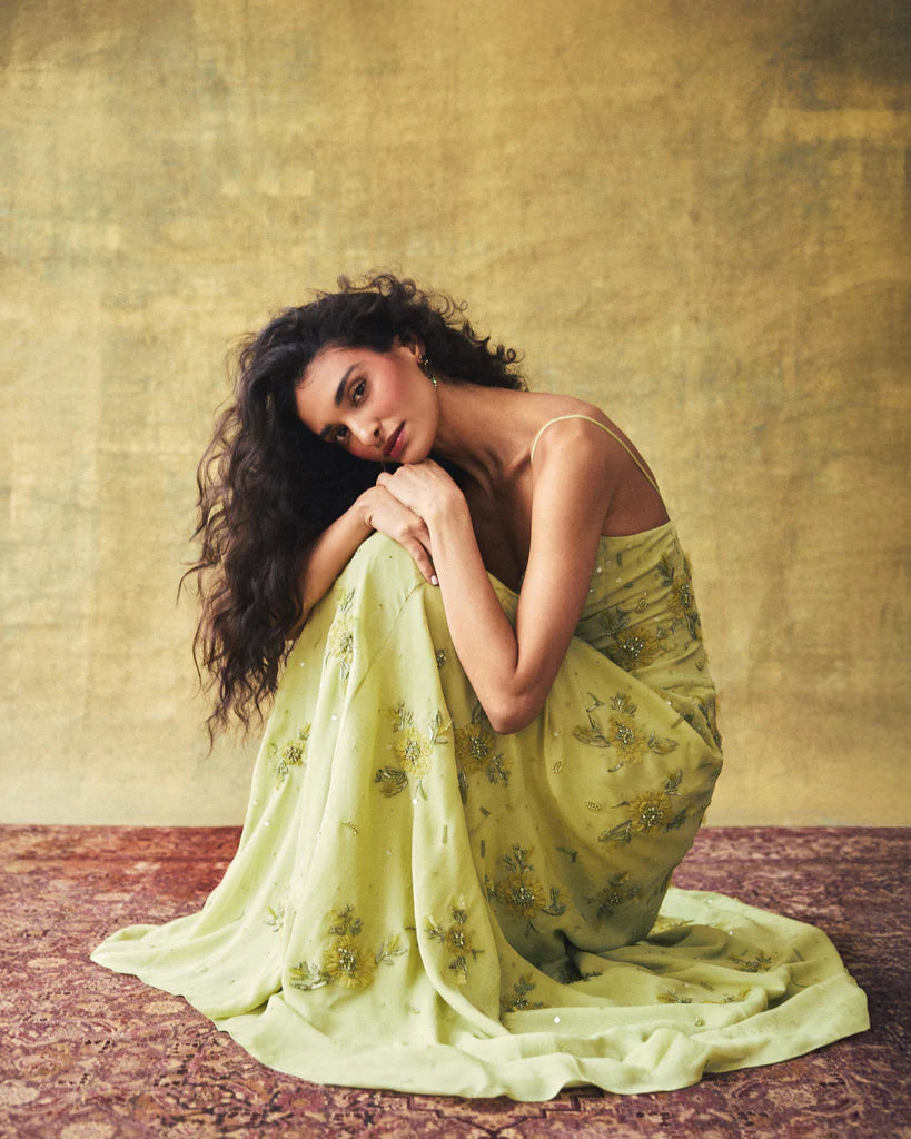 Spaghetti Straps Floral Beaded Chiffon A-Line Prom Dresses (Sage Green)